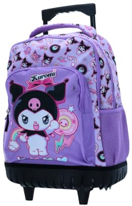 mybagstory - Sac à Dos à roulettes Kuromi | Cartable Trolley Scolaire 3 Compartiments, École Primaire Fille et Garçon, Violet Haute Résistance et Idéal Rentrée Scolaire.