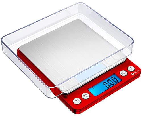 AMIR Feinwaage 0,01g, Digitalwaage 500g/0,01g Taschenwaage, Briefwaage, Grammwaage, Münzwaage, mit beleuchteter LCD-Anzeige, PCS Funktion, 6 Einheiten Konvertierung, Auto-Off (Rot)
