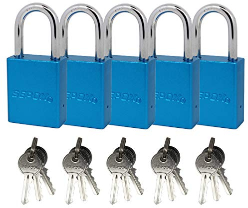 SEPOX® Candado con llave para exteriores con la misma llave de 38 mm de largo, grillete de aluminio, juego de 5 candados azules con 3 llaves