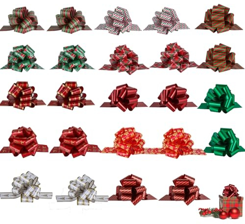 PintreeLand Lot de 24 Nœuds Cadeau Noël avec Ruban 12,7cm, Nœuds de Noël Accessoire d’emballage pour Cadeau, Fleuriste, Bouquet, Panier, décor de Panier