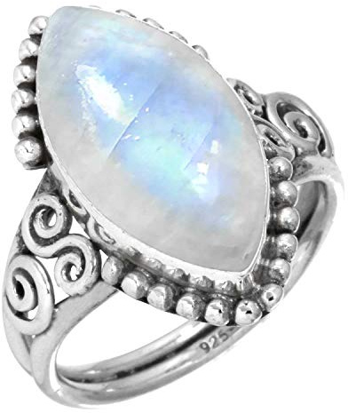 Jeweloporium Bague en argent sterling 925 avec pierre de lune blanche, taille 62, bijou bohème en véritable pierre marquise.