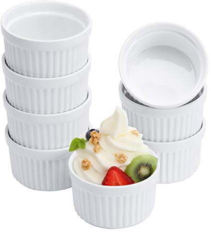 Ramekines de porcelana, juego de 8 (4 onzas blancas), platos de soufflé, cuencos de ramekin aptos para horno para crema brulee, natillas y pudín, mini postres, mermelada, salsas, ramekins para hornear