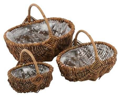 Kartoffelkorb Set – Naturweide oder Rattan Körbe mit Folie & Henkel - Ernte-,Pflanz - & Dekokörbe - Handgeflochten für Indoor & Outdoor (3er Set - Korbweide: Natur, B: 19cm/25cm/32cm)