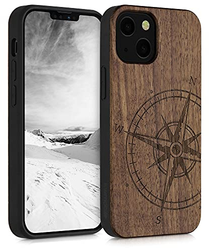 kwmobile Hülle kompatibel mit Apple iPhone 13 mini Hülle - Holz Case - Handy Cover - TPU Handyhülle in Dunkelbraun Kompass Vintage