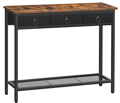 HOOBRO Console Table, Hallway Table, Slim Sofa Table with 3 Non-woven Drawers, Metal Mesh Frame, Sturdy, Narrow Side Table for Small Spaces, Entrance, Living Room, Industrial, Rustic Brown EBF23XG01