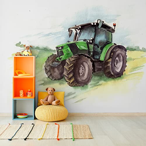 Wallepic Papier peint photo non tissé - Motif tracteur vert nature - 270 x 180 cm - Moderne - XXL - Ciel abstrait - Pour salon, chambre, bureau, couloir - Multicolore - Dimensions : 270 x 180 cm