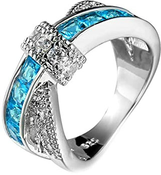 Lieson Ring Weißgold Damen, Ring Vergoldet mit Stein Verdrehter Knoten Verlobungsringe Damen Quadrat Hellblau Zirkonia Ring Größe 52 (16.6)