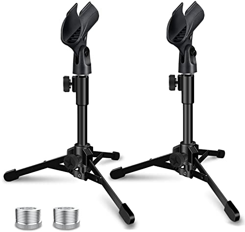 Mictop 2 Pack Desktop Mic Stand, Portable Foldable Tripod with Mic Clip Holder, Adjustable Microphone Stand For Dynamic Microphone.