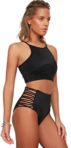 TRENDYOL Damen Biomierte Hohe Taille Sechs Bikini Bottoms, Schwarz, 38 EU