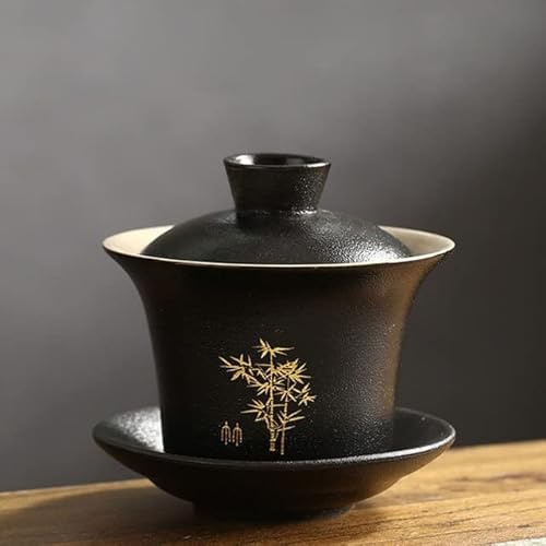 CODAO Schwarze Keramik, Gravur, Goldener Umriss, Sancai Gaiwan, glasierte Kungfu-Teetasse, Lotus-Bambusmuster, Teeschale, Teegeschirr-Zubehör