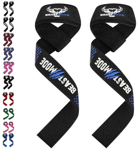 BEAST RAGE tyngdlyftningsremmar fitness vadderad bomull handledsstöd gel avancerade grepp hantel stång wraps kraftiga gym kroppsbyggande remmar kraft dödlyft skivstång halkfri träning (Blue Silicone)
