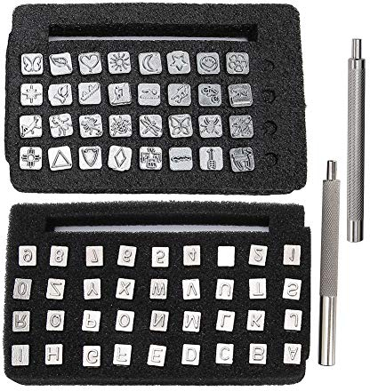 Buchstaben Zahlen Stempel Werkzeug, Metall Leder Schlagbuchstaben Punch Vintage Design Alphabetleder Stanzwerkzeug Zinklegierung Form-Lederstempel mit 2griffen für DIY Handwerksdruck, 36Stück 6mm