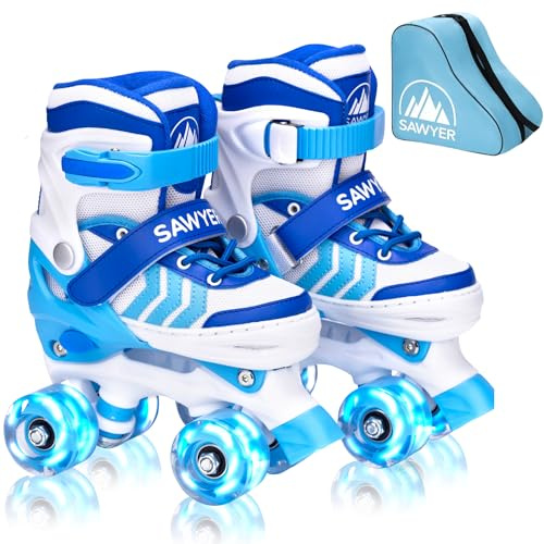 Sawyer Bikes - Patines Ajustables 4 Ruedas LED - Tallas 23 a 38 (Azul, XS (23-26))