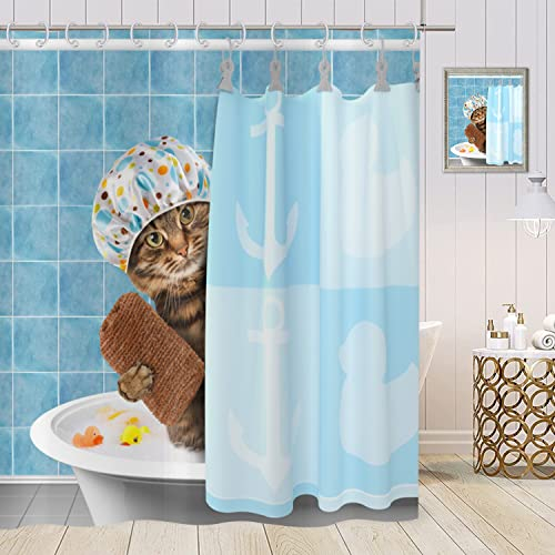 ASDCXZ Duschvorhang Funny 180 x 180 cm, blau, lustige Katze, Badewanne, Dusche, Kinder, Duschvorhang, Stoff, waschbar, Textil, wasserdicht, für Badewanne mit 12 Haken