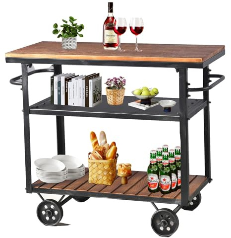 Diwhy Industrial 3 Tier Rolling Utility Storage Cart Wine Beverage, Metal Wine Rack with Wheels Kitchen Bar Dining Room Tea Wine, Storage Cart with Wood