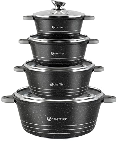 Topfset Scheffler 24cm,4L&28cm,6L&32cm,10L&36cm,14L, Kochtopf Set Induktions Töpfe Set mit Glasdeckel, mit Antihaftbeschichtung, Töpfe kochtöpfe Induktion, Spülmaschinengeeignet