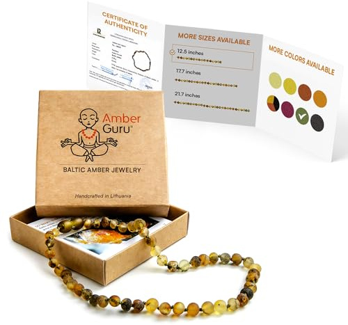 Amber Guru Baltic Amber Necklace (Authentic, Certified) - 12.5 inches - Unisex Jewelry - Raw/Unpolished Real Amber Beads - Proud to Deliver Genuine Baltic Sea Wonder Handmade (Green)
