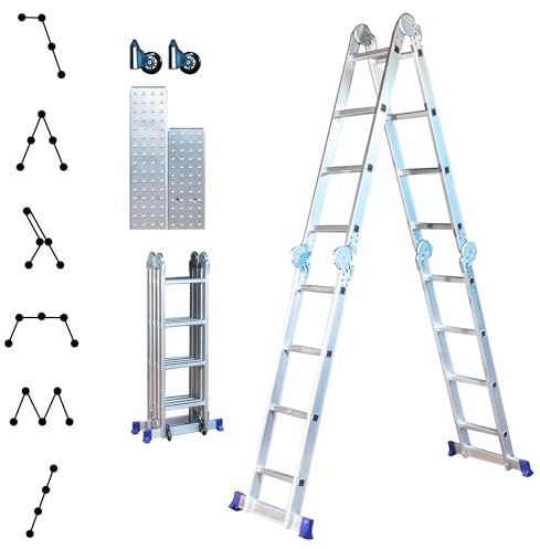 Echelle pliante articulée STAVALANCE 4x4 marches, echafaudage multifonction, ecarteur de mur, escabeau, 2 plaques pour plateforme de travail, Hostrom