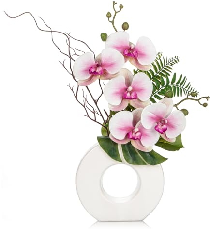 Kunstpflanze Orchideen mit Keramik Donut Vase Künstliche Deko Blumen Kunstblumen Wie Echt Mit Real-Touch Blüten im Keramiktopf Tischdeko Fensterbank Deko, Höhe 41cm, Rosa