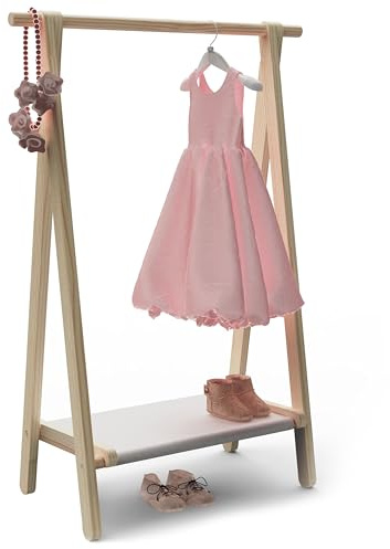 VOGUSLAND Dress up Rack, Child Garment Rack, Kids Clothing Rack with Storage Shelf (Natural Pine, 29.5 L x 14.5 W x 43.7 H)