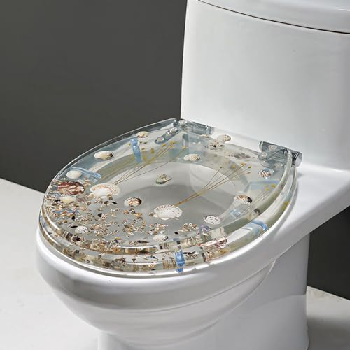 DRYFAL WC Sitz Klobrille Transparent Mit Mit Seestern- Und Muschelmuster, Toilettendeckel Mit Absenkautomatik, Klodeckel Aus Kunsthar, 3.9 Kg Schwer, Edelstahlscharniere, Abnehmbar,36 * 42Cm,Shells