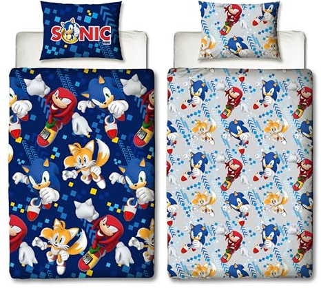 Character World Sonic The Hedgehog - Juego de Funda de edredón Oficial para Cama Individual con diseño de Rebote Reversible de 2 Caras, Incluye Funda de Almohada a Juego, Juego de Cama Individual,