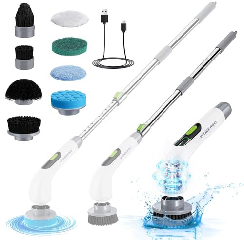 WORKPRO Spazzola elettrica Rotante per Pulizia con 8 Spazzole e 30-120cm Palo estensibile, Spazzola a Batteria con 3 velocità di regolazione per la pulizia di pavimenti, bagni, cucine e finestre