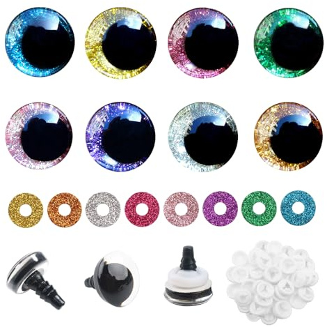 TOAOB 64 Stück Sicherheitsaugen für Häkeltiere 16 mm Glitzer Bunt | 8 Farben Kunststoff Augen, Sicherheitsaugen mit Unterlegscheiben für DIY Basteln, Marionette Puppenherstellung Tieraugen