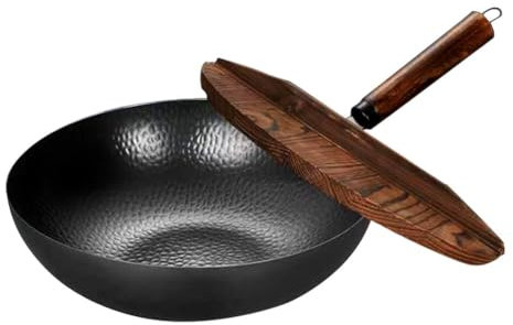 Padella in ferro non rivestita e antiaderente, padella Wok con coperchio, per saltare in padella, grigliare, friggere e cuocere a vapore Wok professionale in ghisa con coperchio antiaderente(32cm Wood
