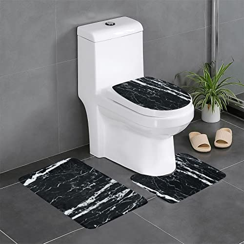 FLYIFE Badezimmermatten-Set mit schwarz-weißem Marmordruck, 3-teilig, Flanell, rutschfest, wasserabsorbierend, Badezimmerteppich-Set mit U-förmiger WC-Vorleger und WC-Deckelbezug