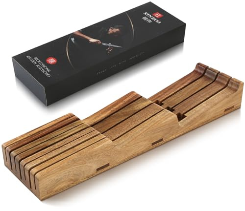 XINZUO in-Drawer Knife Block, Natural Acacia Knife Drawer Oganizer, Insert-Kitchen Storage Holder, 7 Slots, Holds up to 7 Various Size Knives, Countertop Saving&Knife Protective