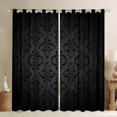 Homemissing Schwarz Damask Muster Fenstervorhang 260x140cm Kinder Vintage Floral Blickdichte Vorhänge für Jungen Mädchen Antique Viktorianisch Barock Vorhänge Barockstil Gardinen