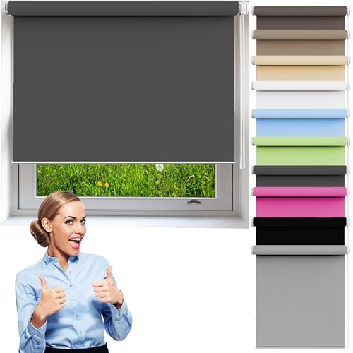 Verdunkelungsrollo Klemmfix 35 x 170 cm Hitzeschutz, Sichtschutz, Ohne Bohren Tenebra Thermorollo Rollo für Fenster Und Tür, Dunkelgrau