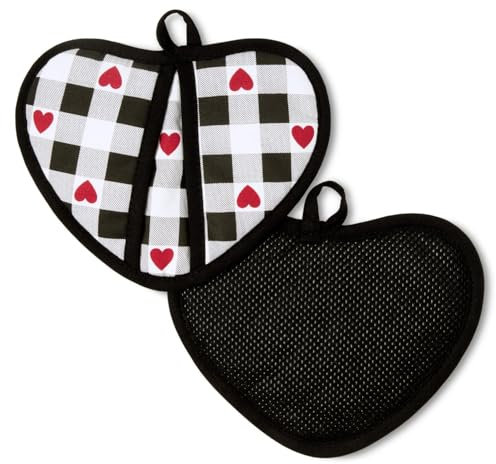 MARTHA STEWART Set di 2 presine a quadretti a forma di cuore, 100% cotone, resistenti al calore, con impugnatura flessibile in silicone, decorazione per San Valentino, nero/bianco/rosso, 17,8 x 21,6