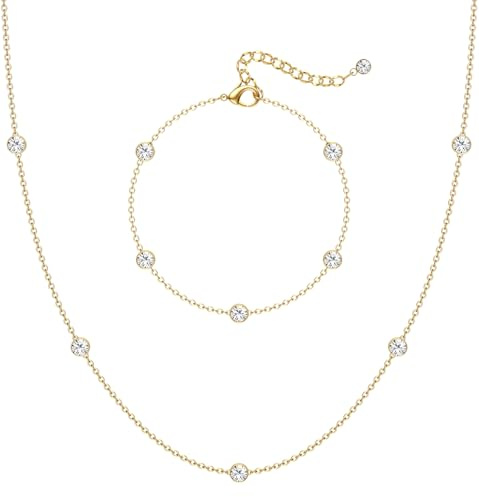 CASSIECA 14K Gold Vergoldet Schmuck Set Zirkon Simulierte Diamant Damen CZ Kette Halskette Schichtung Armbänder