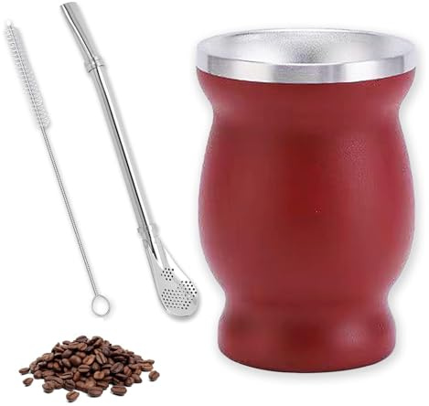 Set da Tè MateTazza Mate in Acciaio Inox a Doppia Parete Isolata, set da tè Mate da 260 ml, con Cucchiaio a Cannuccia e Spazzola per la Pulizia, Cannuccia Mate in Acciaio Inox (Rosso)