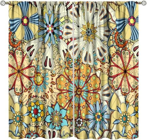 Schattierung Vorhänge 2Er Set 3D Bunte Retro-Blumen Druck Isolierung Schalldichte Kinder Gardinen Blickdicht Mit Ösen Vorhang Fenster Für Wohnzimmer Schlafzimmer Balkon 150X166 cm (B + H)-294521202