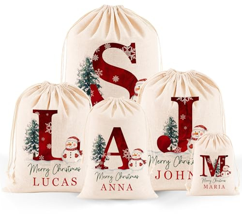 PSUNEY Individuell Weihnachten Geschenkbeutel mit Namen Weihnachtstüte Kordelzug Partytüten Geschenktüten Weihnachtssack Nikolaussack Weihnachtsmann Sack Santa Sack Geschenkesack