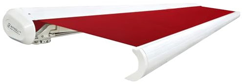 INTELROLL INT500 FULL Cassette Retractable Awning Canopy 4m x 3m / 13’1″ x 9’10” for Garden Patio or Shop Front LED Remote WHITE Frame Stylish RED ACRYLIC 320gsm Fabric