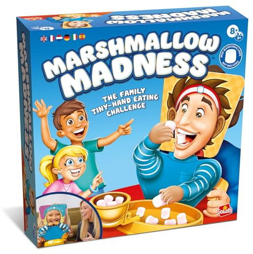 Goliath - Marshmallow Madness, Gesellschaftsspiel ab 8 Jahren, Spiel für 2 oder mehr Spieler, Familienspiel bei dem man Mini-Marshmallows isst, Geschicklichkeitsspiel für Kinder und Erwachsene | Lustige Ess-Herausforderungen, rasanter Spaß, ideal für Kinder ab 8 Jahren