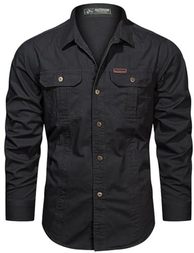 PADOLA Hemd Herren Baumwolle Hemden Langarm Slim Fit Cowboyhemd Stehkragen Westernhemd Taktisches Hemd Outdoor Arbeitshemd Safarihemd Einfarbige Freizeithemden (0 Schwarz, L)