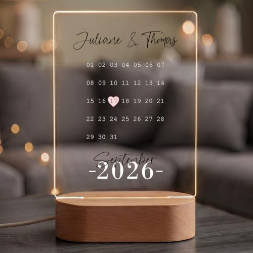 GRAVURZEILE Beleuchtetes Acrylglas - Kalender mit Jahrestag - Personalisierte mit Namen & Datum - Pärchengeschenk zum Jubiläum - Geschenk zur Hochzeit Valentinstag für Sie & Ihn - Farbe: Schwarz