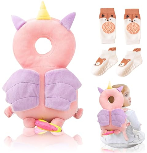 BOUFEIDA Kopfschutz Baby, Baby Fallschutz Rucksack, Verstellbare BabyHead Schutzpolster Kissen mit Kniegelads & Anti-Schlupf-Socken für Kinder die Krabbeln und Laufen Lernen 6-12 Monate(Einhorn)