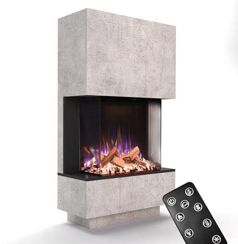GLOW FIRE Kaminofen PR14 mit realistischem 3D E-Motion LED-Feuer - Stand-Elektrokamin mit Heizung und Kaminfeuer, Knistereffekt & Timer, max. 1500 W, 85x150x39,8cm, Beton