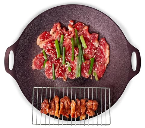 TECHEF - 14-inch Nonstick Round Griddle Grill Pan for Korean BBQ/Teppanyaki Pan, Tawa, Roti Pan/Induction Ready/Made in Korea (Griddle with Rack)