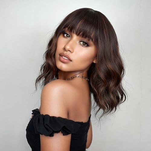 VCKOVCKO Short Bob Wigs Brown Mix Orange Wavy Wig With Air Bangs Women's Shoulder Length Curly Wavy Synthetic Cosplay Wig Brown Mix Orange for Girl (12, 8/30)