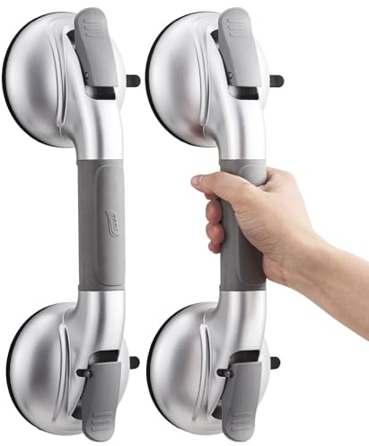 TAILI Suction Shower Handles for Elderly,150kg,Silver,NoDrill,Antislip,2pcs | Upgraded 12cm cup,disability aids,5s install,tile/glass/marble,for senior/pregnant/kids,bathroom/toilet,removable,safety rail