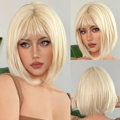 Mineup Kurze Blonde Perücke Für Frauen, Kurze Bob Perücken Mit Pony, Perücke Blond Damen Kurz Bob, Gerade Kurz Charmante, Naturhaar Synthetische Gerade Für Halloween Karneval Cosplay Tägliche Party
