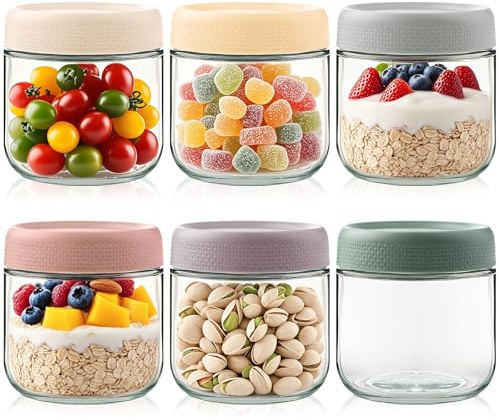 Jogoico Glass Jar with Screw Lid Leakproof 6 Pack Overnight Oats Container 10 oz Reusable Portable Breakfast Cups Yoghurt Pots for Salad Fruit Pudding Jam