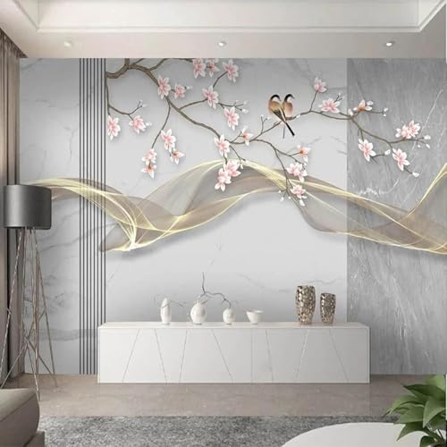 Fresh and Beautiful Imitation Marble Magnolia Bird 3D Wallpaper Easy Install Feature Office Living Room Sofa Bedroom TV Background Wall Decoration-250cm×170cm